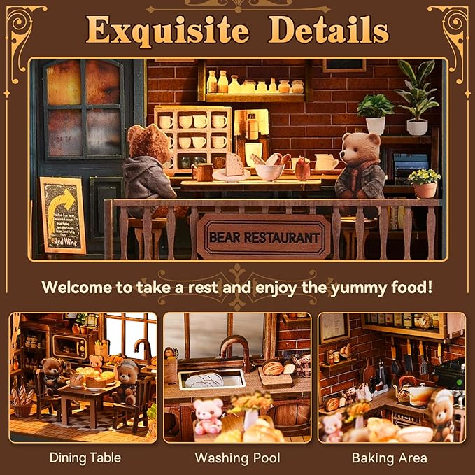 Hallisun DIY Miniature House Kit, Mini 3D Wooden Bear Restaurant Building Kit with Furniture and LED, Tiny Diorama Dollhouse Model Set, Handmade House Craft Birthday for Adults Teens