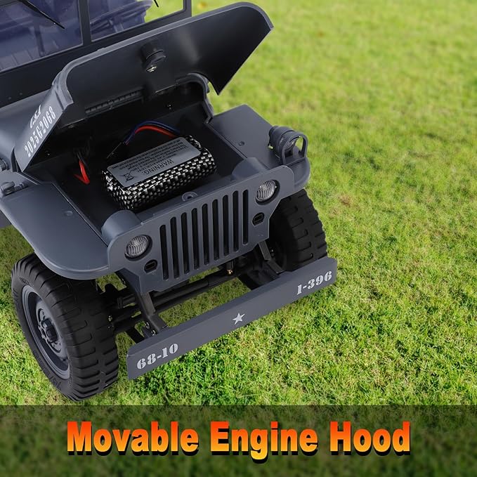 RC Crawlers, 1:10 Scale D888 Willys Military Jeep, 2.4Ghz 4WD Off Road Rock Crawler with Lights, Removable Accessories All Terrain RC Jeep Toy for Adult Teens-Upgradable (2 Batteries)