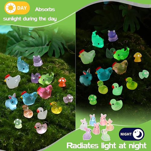 190PCS Luminous Mini Resin Ducks Tiny Glow in The Dark Duck Chickens Rabbit Frogs Dolphin Mushroom Puppy Resin Miniature Animals for Landscape Dollhouse Garden Decoration