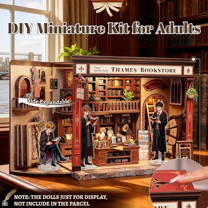 Fsolis Book Nook Kit - DIY Miniature Kit for Adults Tiny House Magic Bookstore Bookshelf 3D Puzzles Craft Gifts for Women Teens Book Lovers (Thames Bookstore)