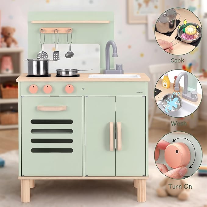 Pillowhale Wooden Play Kitchen Set, Mint Green Stove & Sink with 5 Stainless Steel Tools, Click Knobs, Storage Cabinets, Montessori Toy for Toddlers 3+