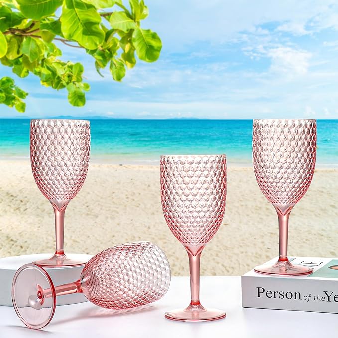 12Pcs Pink Plastic Wine Glasses 13.5oz Reusable Acrylic Wedding Goblets Toasting Glassware Unbreakable Wine Cups with Long Stem Crystal Drinking Glasses Champagne Flutes for Bar Restaurants Party