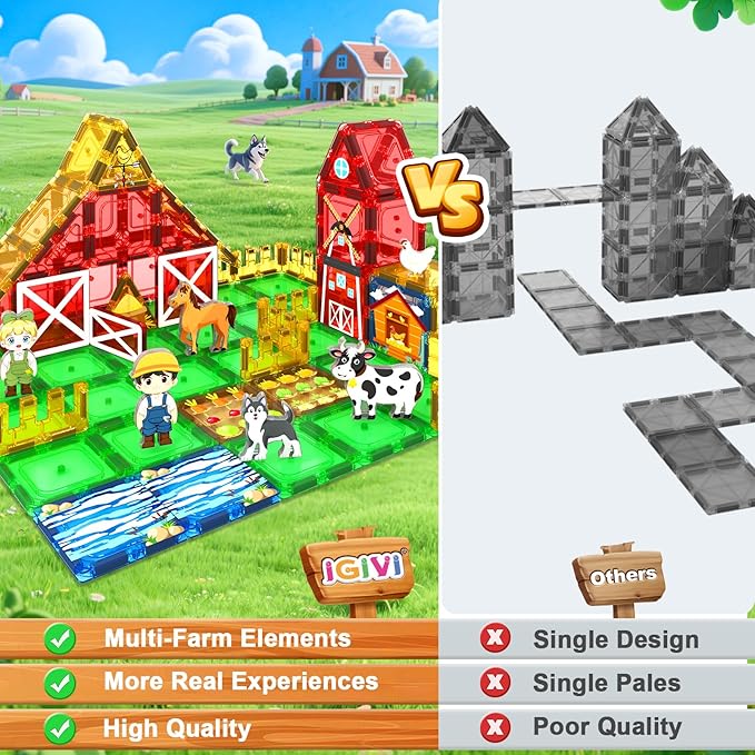 42PCS Magnetic Tiles Farm Animals Toddler Toys, STEM Magnet Building Blocks for Kids Ages 3-5 4-8 5-7, Preschool Montessori Sensory Toys Gifts for 3 Year Old Boys & Girls