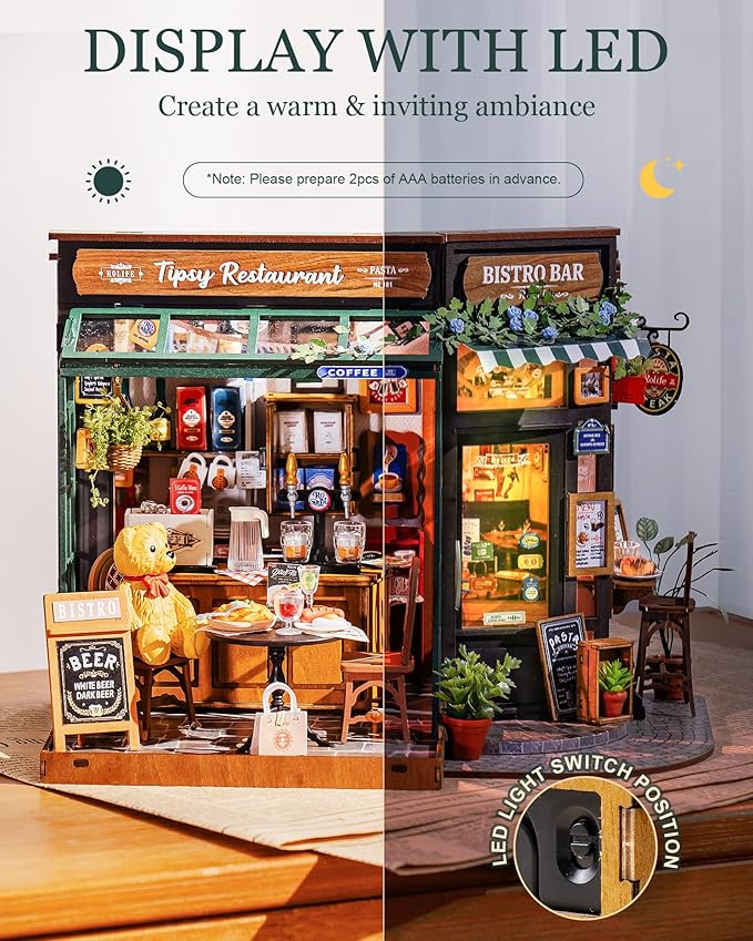 Rolife DIY Miniature House Kit 1:18 Coffe&Bar Dollhouse Diorama Model, Build Mini House Building Kit with LED Light Hobby Crafts for Adults Gift for Him Her (Tipsy Restaurant)