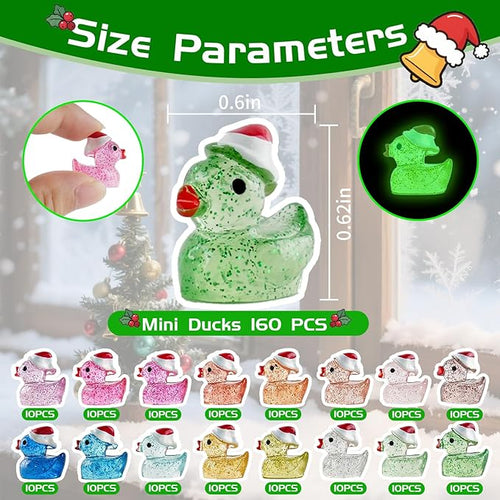 160pcs Luminous Mini Dollhouse Glitter Ducks Colorful Christmas Tiny Resin Ducks Plastic Animal Figures to Hide and Seek for Fairy Garden Landscape Aquarium Decorations Potted Plants Festive Decor