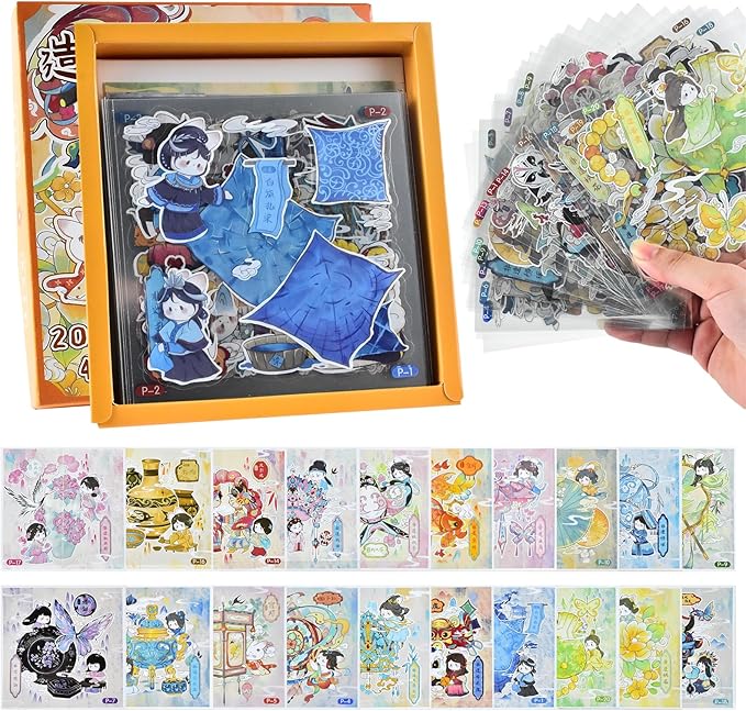 DIY 3D Fun Mini Chinese Intangible Cultural Scene Stickers Book with Tweezers Make Your Own Tie-Dye Velvet Flower Shadow Play Sticker Scenes Micro Stickers for Relief Stress Pass The Time(20 Designs)