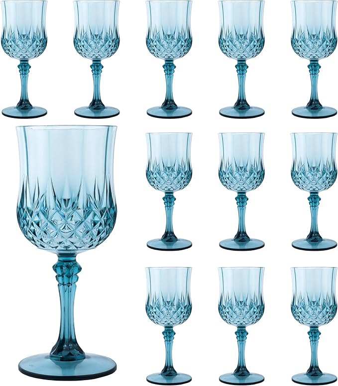 LEYIQU Plastic Wine Glasses, Plastic Goblets Vintage Style Cordial Drinking Glasses for Valentine’s Day, Wedding Reception, Grand Event Party Supplies (12, Dusty Blue)