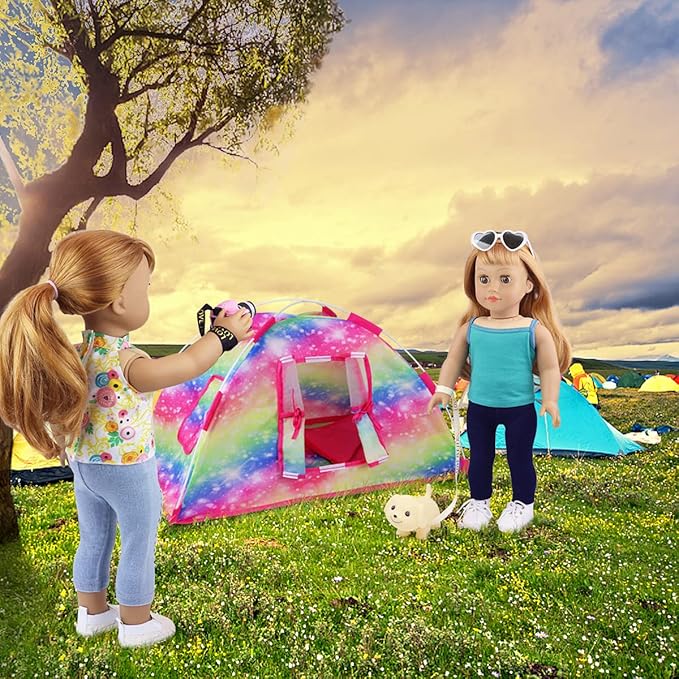 ZITA ELEMENT 7 Items Fashion Camping Tent Set for 18 Inch Girl Doll Accessories - Including 18 Inch Doll Camping Tent, Sleeping Bag, Clothes Set, Shoes, Camera, Eye Glasses and Toy Dog