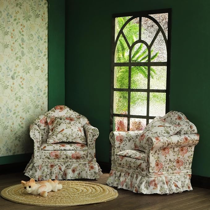 iLAND Dollhouse Furniture of Miniature Couch The Great Doll House Furniture Set for 1/12 Accessories, Elegant Rose and Birds Pleated Single Sofas 2 Pcs Customized Fabric and Amazing Handiwork