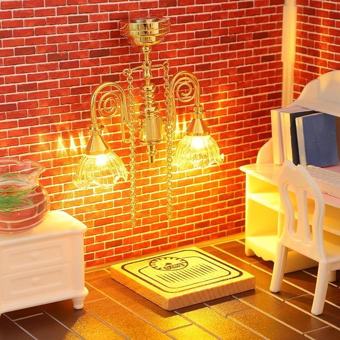 TOYANDONA Miniature Dollhouse Chandelier – Gold Double-Head Floral Ceiling Light with Light Display, Vintage Hanging Lamp Mini Furniture Accessories for Dollhouse Decor
