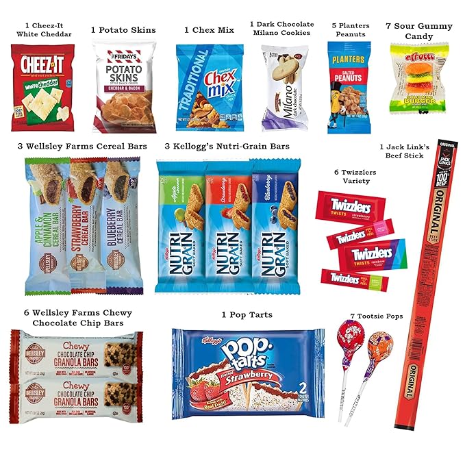 Foxy Fane 150 count Deluxe Snack Box - Ultimate Gift Care Package with Variety Assortment of Crackers, Cookies, Candy, Chips & other Snacks - Bulk Bundle of Delicious Treats (150 Snacks)