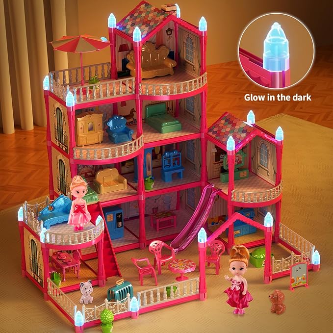 Pupu Pig Doll House Toys for Girls, Dollhouse with Glow in The Dark, Kids Doll House Playset with 4-Story 14 Play Areas, 2 Dolls, Toy Dogs, Dollhouse Accessories and Furniture, Princess Toy Gifts