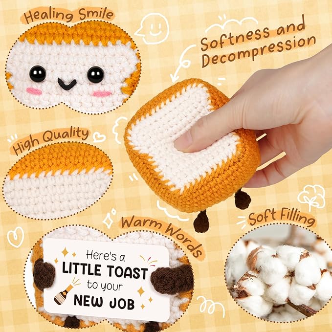 Glydein A Little Toast to Your New Job - Mini Handmade Crochet Toast, Funny New Job Gifts for Women Men, Best Farewell Gifts for Coworkers Friends, Good Luck Gift New Beginnings