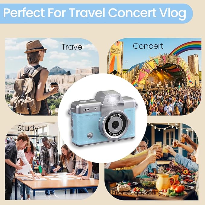 Mini Keychain Camera,2K Retro Digital Camera with 1.47‘’ Flip Screen & Built-in Flash for Selfies - Includes 32GB SD Card, Strap - Perfect for Travel, Concert, Vlogging