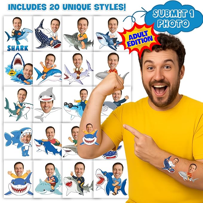 Custom Shark Temporary Tattoos for Kids - Personalized Pre-Cut Face Photo Tattoos - Fun Birthday Party Favors for Boys Girls, Shark Lovers - Set of 20 Unique Celebration Gifts