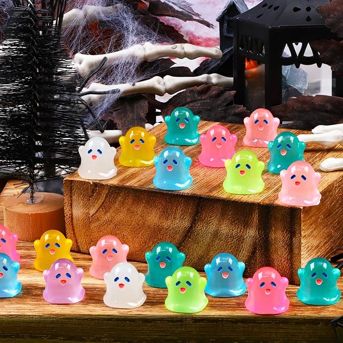 132pcs Halloween Luminous Mini Ghosts Figures 8 Colours Glow in The Dark Miniature Resin Ghost Figurines to Hide Bulk Tiny Small Statue for Halloween Party Favors Micro Garden Dollhouse Decorations