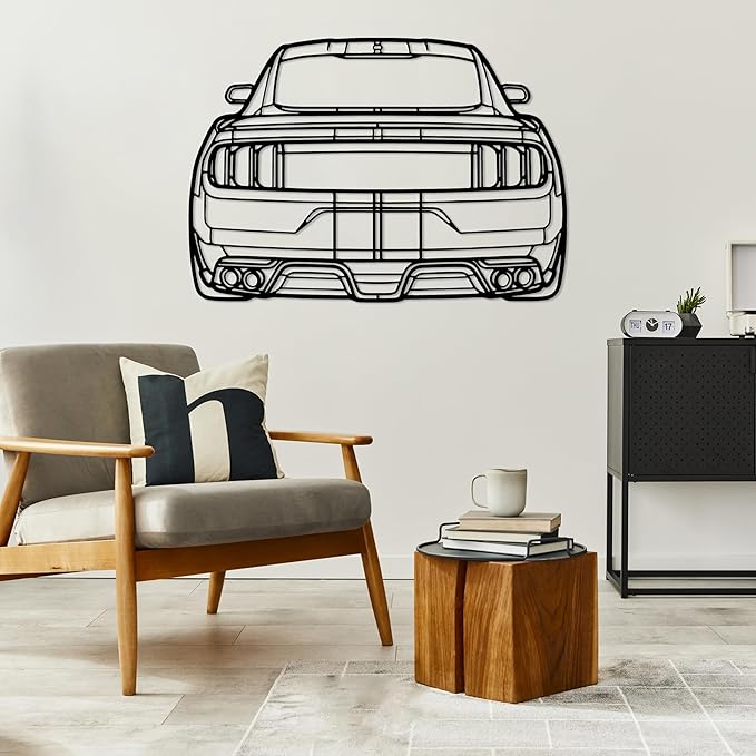 DecoSoul Mustang Metal Car Wall Art, Sports Car, Automotive Silhouette Line Decoration, Minimalist Sculpture for Garage, Indoor Outdoor Wall Hanging, Gift for Boyfriend (Black - 40 x 11” inch)