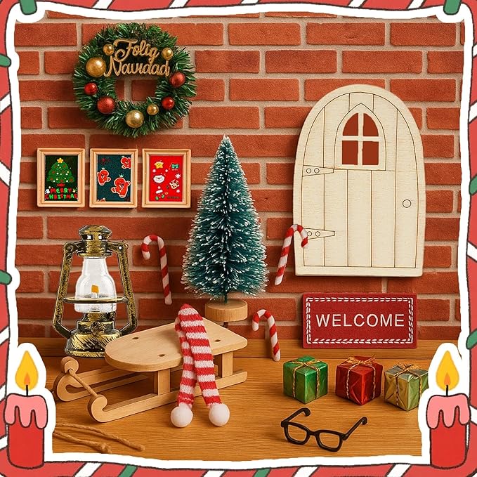 77 PCS Doll House Christmas Set Dollhouse Accessories Miniature Figurines Mini Santa Snowman Books String Lights Fence Ducks Yard Gift Box Decor for Pretend Toys DIY Festival Party Fairy Garden
