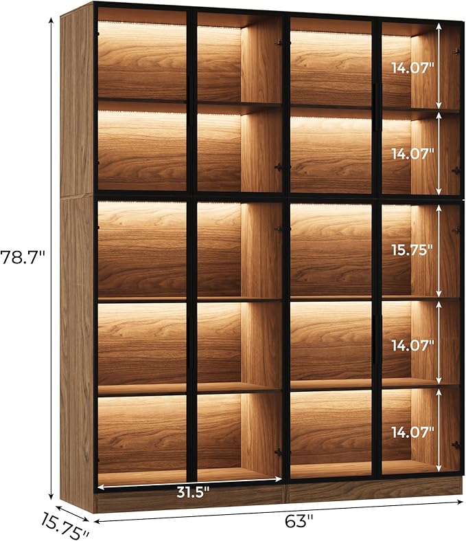 2-Piece Display Cabinet with Glass Doors and Lights, Large Modern Storage Cabinet with 5-Tier Shelves, Trophy Case for Collectibles Living for Room Home Office, Walnut (63" W)