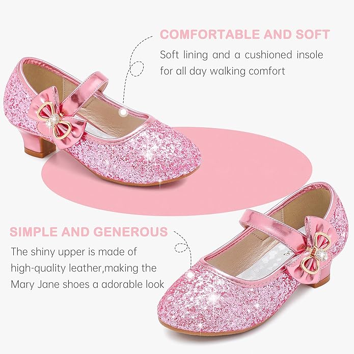 Dufannie Girls Dress Shoes Low Heel Princess Flats Mary Jane Flower Wedding Party Glitter Shoes for Kids Toddler