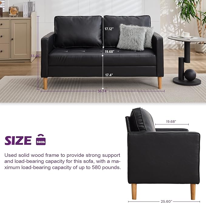TYBOATLE 57" Faux Leather Loveseat for Living Room, Comfy Mid-Century Modern Tufted Loveseat, 2 Seater Office Small Couch for Small Space Bedroom, Black