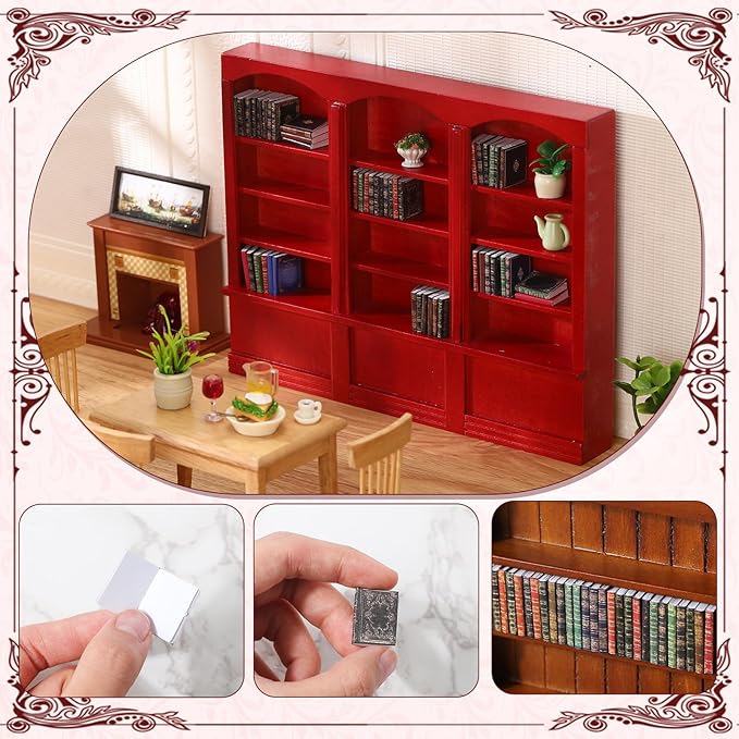 1:12 Scale Dollhouse Miniature Wooden Bookshelf with 48 Pcs Miniatures Books, Mini Bookcase Tiny Books for Dollhouse Mini Library Furniture Christmas Decoration Gift(Red)