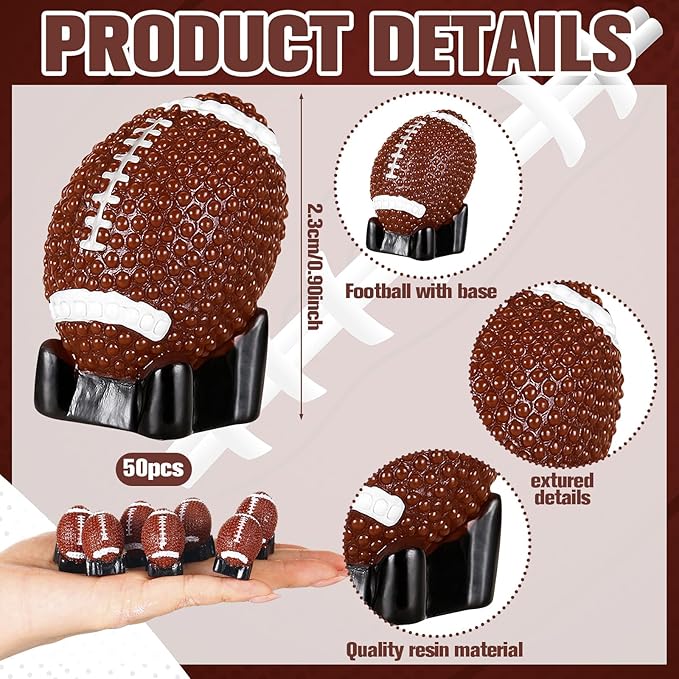 50 Pcs Mini Football Figurine for Crafts Resin Miniature Football with Base Small Sports Ball Mini Sport Balls Simulation Model for DIY Birthday Gift Bag Stuffer Party Decor Cake Topper