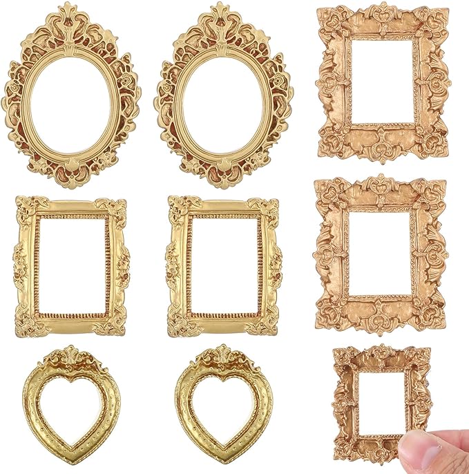 8 Pcs Miniature Dollhouse Mirror Set with Carved Golden Edges, European Style Victorian Baroque Wall Decor for 1/12 Scale Dollhouse Display, Mini Furniture Accessory Gold
