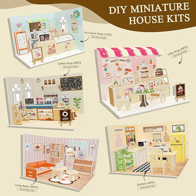 5 Set DIY Miniature Cafe House Kit for Adults to Build, Tiny House Making Kit with Furniture, Halloween/Christmas Decorations/Gifts(Dollhouse Shop)