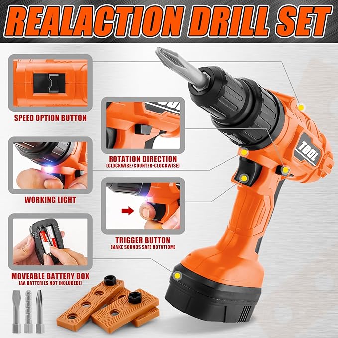 PANPAPA Kids Power Drill and Screw Set,Toy Electric Drill with 3 Interchangeable Drill Bits Sound and Motion,Pretend Play Construction Kids Tool Set Outdoor Preschool Gardening Lawn Toy Gifts（Orange）