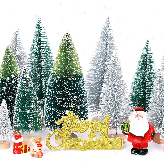 30Pcs Mini Christmas Tree Decor, Artificial Christmas Tree 5 Sizes,Mini Sisal Snow Frost Trees with Wooden Base for Christmas Decor Christmas Party Home Table Craft Decorations (B/Green/Silver)
