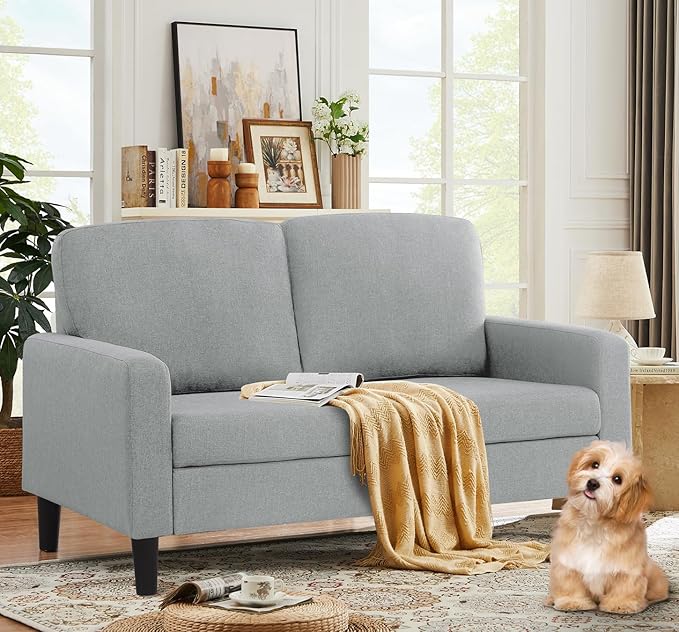 asunflower Small Loveseat Sofa 52Inch Couch for Small Spaces, Comfy Linen Fabric 2 Seater Sofa Office Couch Tool-Free Assembly Love Seats for Bedroom,Drom Room,Kid's Room,Light Grey