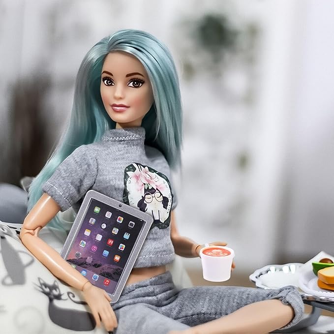 DIYDEC 17pcs Dollhouse Laptop Accessories 1:12 Scale Miniature Laptop Computer Tablet Phone Book Coffee Headset Pen Tiny Stuff Doll House Miniatures Play Figurines Accessories