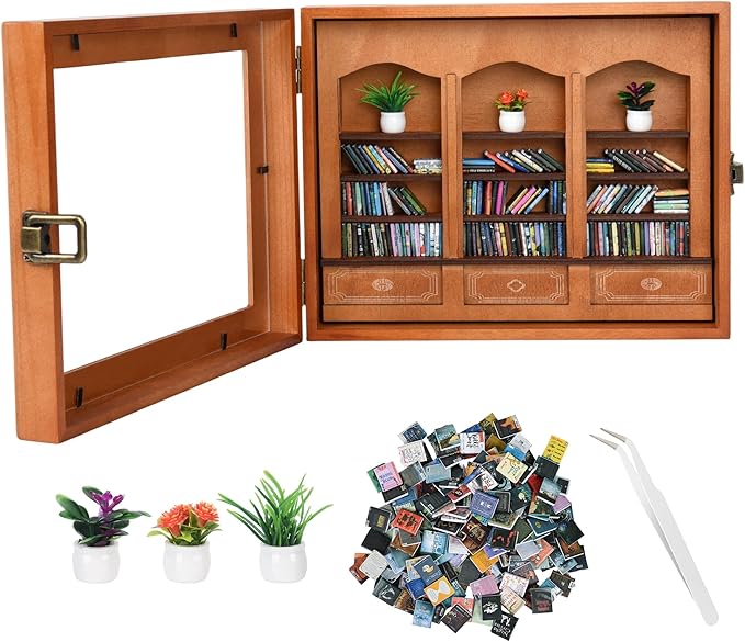 Anxiety Bookshelf with 200 Mini Books, Mini Library Decor, Shake Away Your Anxiety, Includes 1 Bookshelf, 3 Plant Flowers, and 1 Tweezers, Perfect for Book Lovers, Students, Family, and Friends