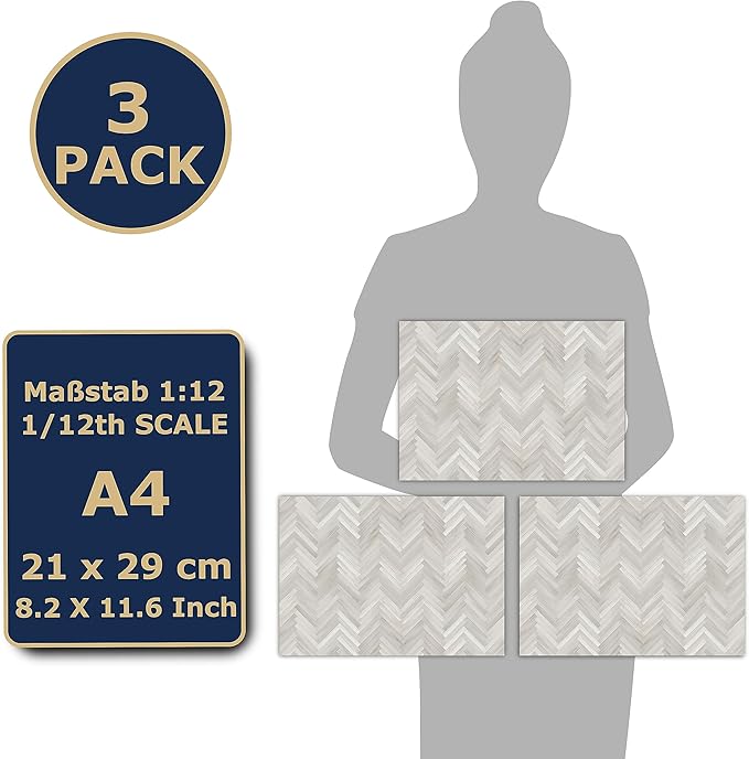 3 Sheets Self-Adhesive Flooring for Dollhouse 1:12 Scale (White Oak Herringbone)