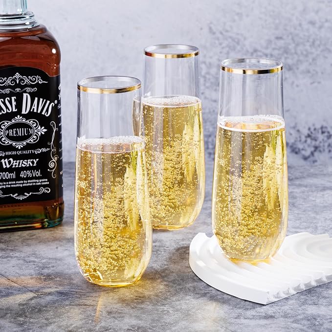 Ciaell 24 Pack Gold Plastic Champagne Flutes - 9 Oz Disposable Champagne Glasses - Stemless Mimosa Glass for Parties & Weddings & Birthdays