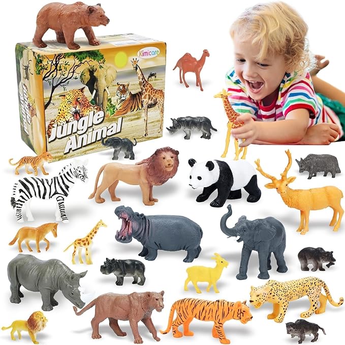 24Pcs Safari & Zoo Animals Figures, Realistic Plastic Animal Toys Set for Kids 1 2 3, Educational Jungle Animals Figures Playset, Party Supplies Birthday Gifts Christmas Stocking Stuffers
