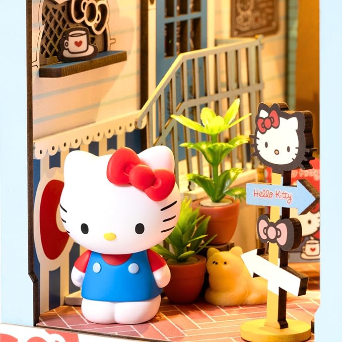 Hands Craft DIY Miniature Kit Book Nook - Hello Kitty Town Square | Whimsical Miniature Scene | Intricate Design, Adorable Charm | LED Lights | Bookshelf Decor | Gift for Hello Kitty Fans