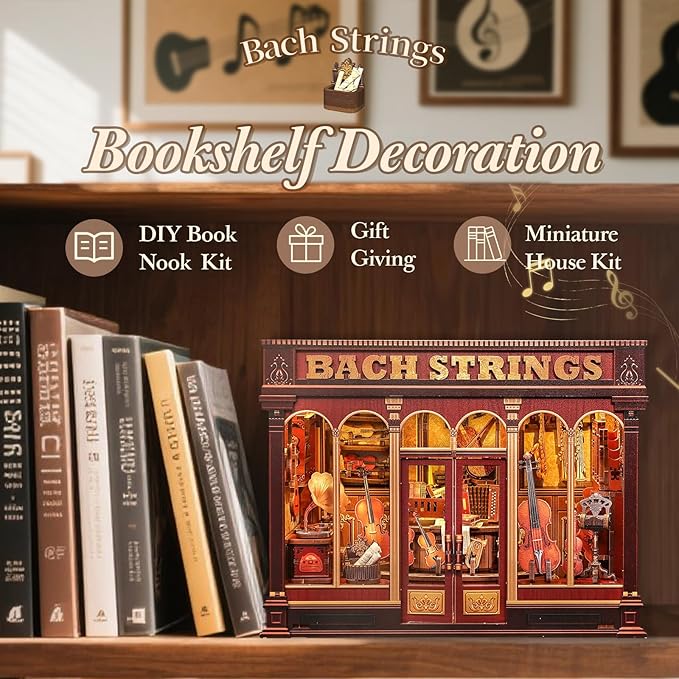 CUTEBEE Book Nook Kit - DIY Miniature House Dollhouse Kit for Adults and Teens, Booknook Tiny Japanese House Bookshelf Decor 3D Wooden Puzzle, Gifts for Family, Friends (Bach Strings)
