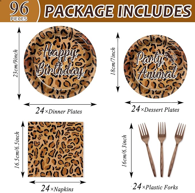 96Pcs Cheetah Print Party Decorations Brown Leopard Print Birthday Themed Tableware Safari Animal Plates Napkins Forks Jungle Leopard Dinnerware Supplies for Baby Shower Birthday Serves 24 Guests