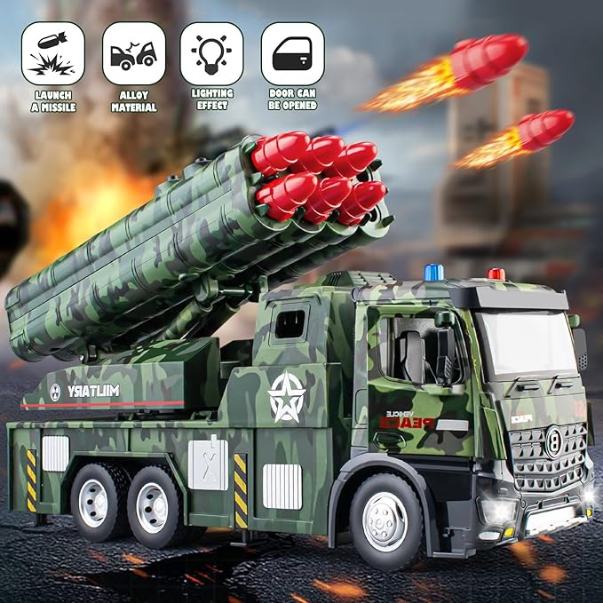 Army Toys for Boys Age 4-7, Military Vehicle Toys with Missile Launcher Metal Cab, Friction Powered Military Truck with 8 Missiles, Lights and Sounds
