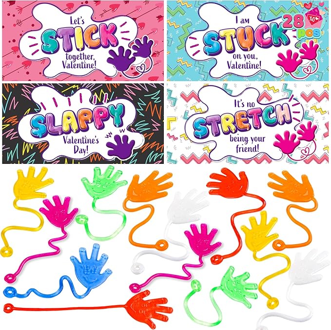 JOYIN 28 Packs Valentines Day Sticky Hands with Card Headers for Kids Party Favor, Classroom Exchange Prizes, Valentine’s Day Greeting Cards, Party Favors and Exchange Gifts