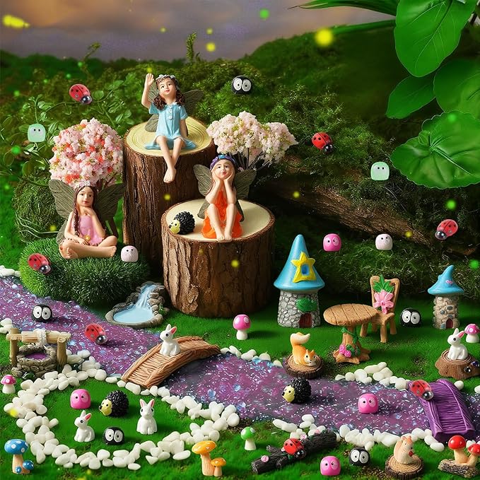 101 Pcs Resin Miniatures Figures Fairy Garden Kit, Fairy Garden Accessories Outdoor for DIY Dollhouse Micro Landscape