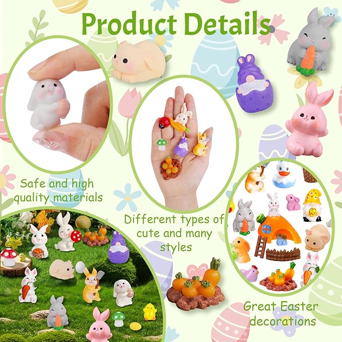 60Pcs Easter Luminous Mini Resin Figurines Miniature Figurines Tiny Small Easter Glow in The Dark Little Bunnies Chicken for Dollhouse Eggs Fillers Landscape Micro Garden Decoration Party Favors