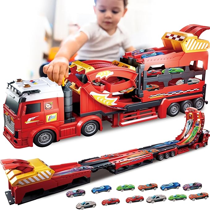3in1 Carrier Truck Race Track Toddler Toys, Carrier Toy Truck w/45 Inch Foldable Race Track, 12 Die Cast Cars Toys for Ages 2-4, Semi Truck Toy w/Light & Sound, Kids Play Cars & Race Car Toys for Kids