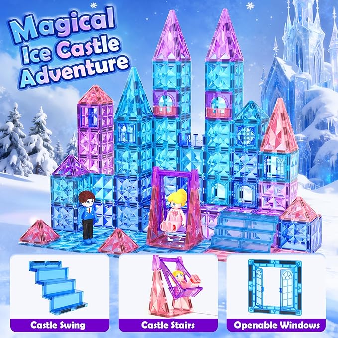 Coodoo Diamond Magnetic Tiles & Building Blocks — Princess Toys for Girls & Boys, Toddler Girl Gifts, 3 4 5 6 Year Old Gifts, Toys for Ages 3-8, 3 Year Old Birthday & Xmas Present