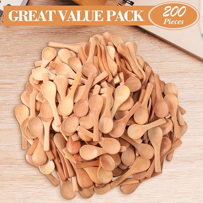 Boao 200 Pcs Small Wooden Spoons, 3.5'' L, Mini Wood Natural Tiny Spoons Wooden Little Teaspoons for Jars Sugar Creamer Honey Spices Salt Kitchen Supplies (Light Brown)