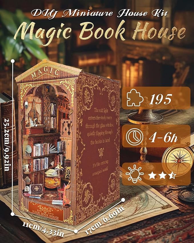 Kisoy Book Nook Kit, 3D Wooden Puzzle Booknook Build Bookshelf Decor, DIY Miniature House Kit for Adults and Teens, Mini House Arts & Craft Gifts for Family and Friends (Magic Book House)