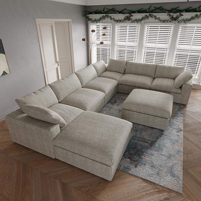 JACH 160" Cloud Sectional Couch, Overzised Down Filled Comfy Couch, 8 Seater Convertible Modular Cloud Sofa for Living Room, Minimalist Deep Seat Modern Couches,Sofa Cover Removable, Khaki