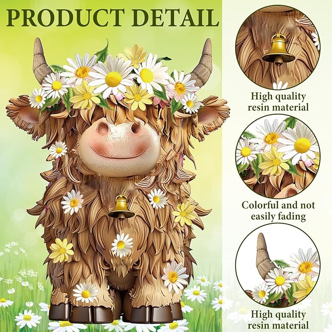 Burbell 2 Pcs Highland Cow Figurines Daisy Flower Highland Cow Gnomes Decor Resin Statue Calf Lovers Gifts for Farmhouse Home Garden Kitchen Office Tiered Tray Table Decor